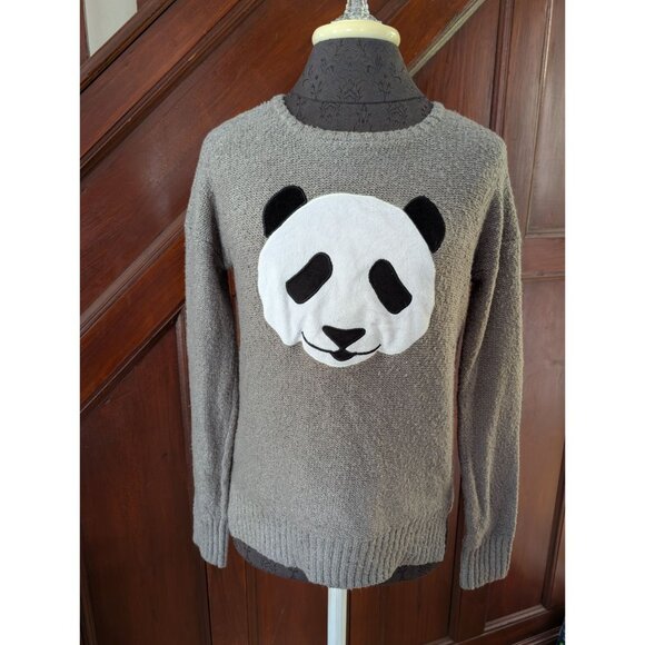 Gray Oh MG Panda Face Sweater With Ribbed Hem Womens Size M - Picture 1 of 6